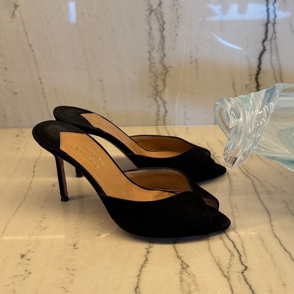 AQUAZZURA  Alex Rivière 85 Black Suede Peep-toe Mules 35/5 (actual photos soon) - Picture 8 of 11